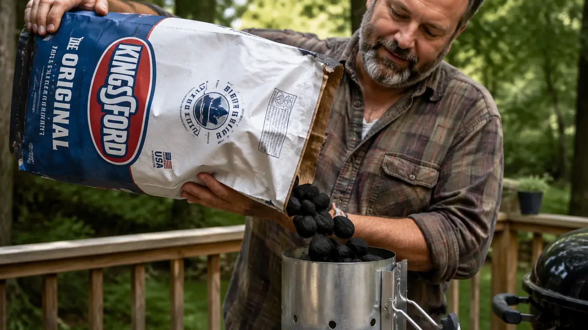 A hand pouring charcoal briquettes from an open bag into a chimney starter on a deck railing