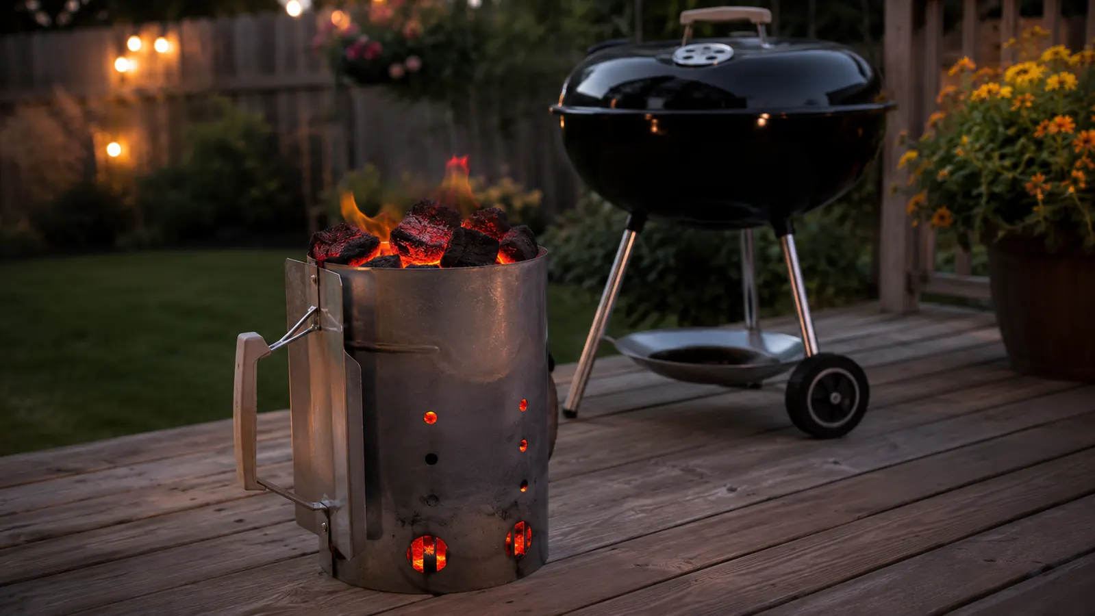 A lit charcoal chimney glowing orange at dusk on a wooden deck, a bag of Kingsford briquettes leaning against the kettle grill