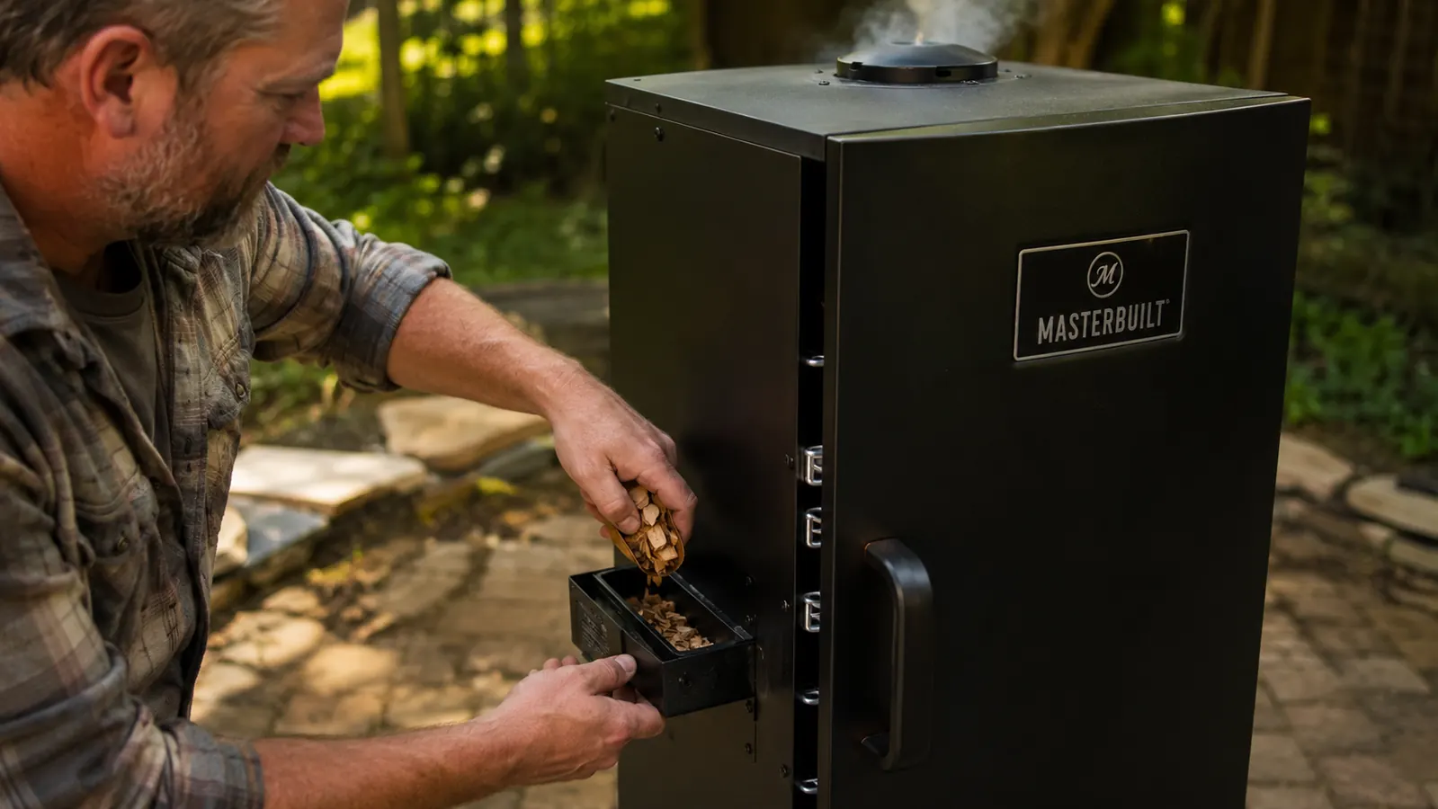 A hand sliding a small tray of wood chips into the side-loading chip tray of the Masterbuilt electric smoker