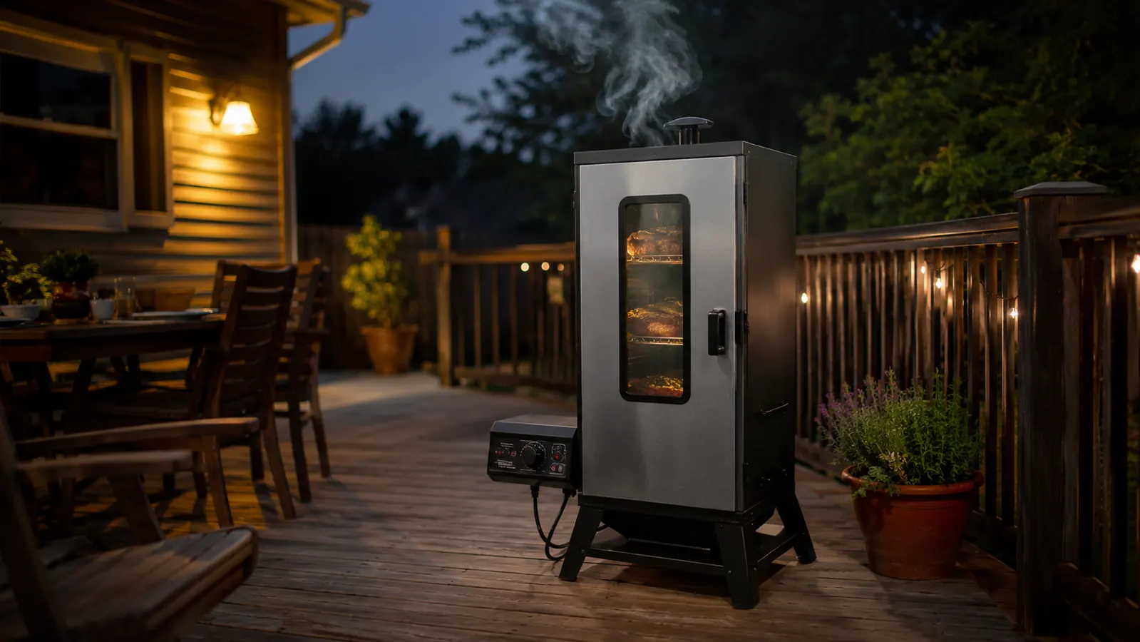 A Masterbuilt 30-inch electric smoker glowing warm on a Pennsylvania back deck at dusk with a thin ribbon of smoke rising from the top vent