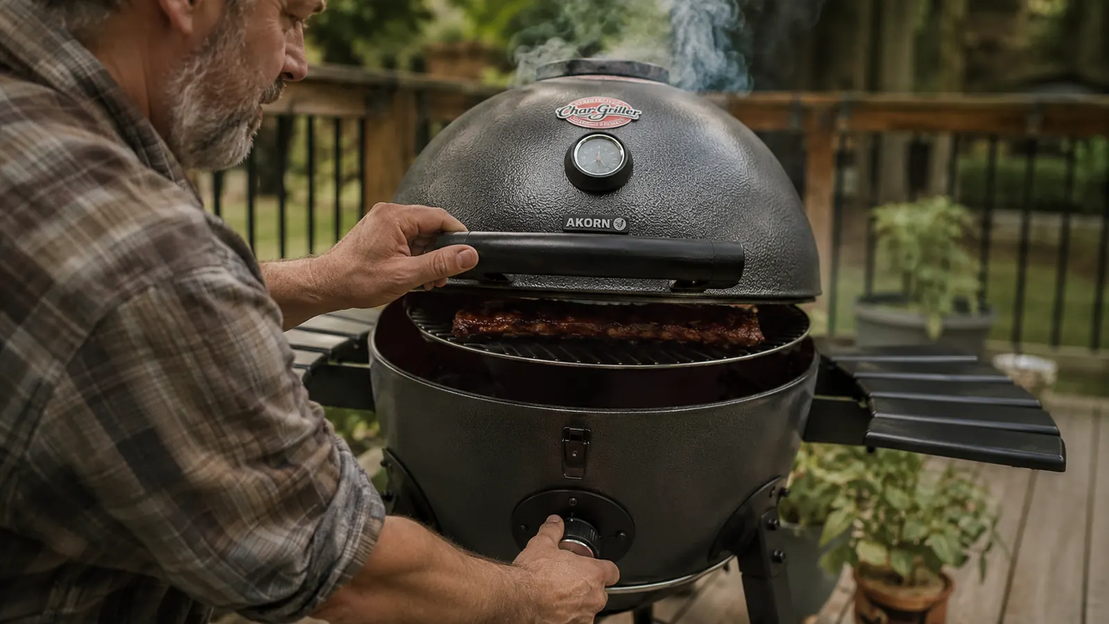 A hand adjusting the bottom vent dial on the kamado grill while ribs smoke inside