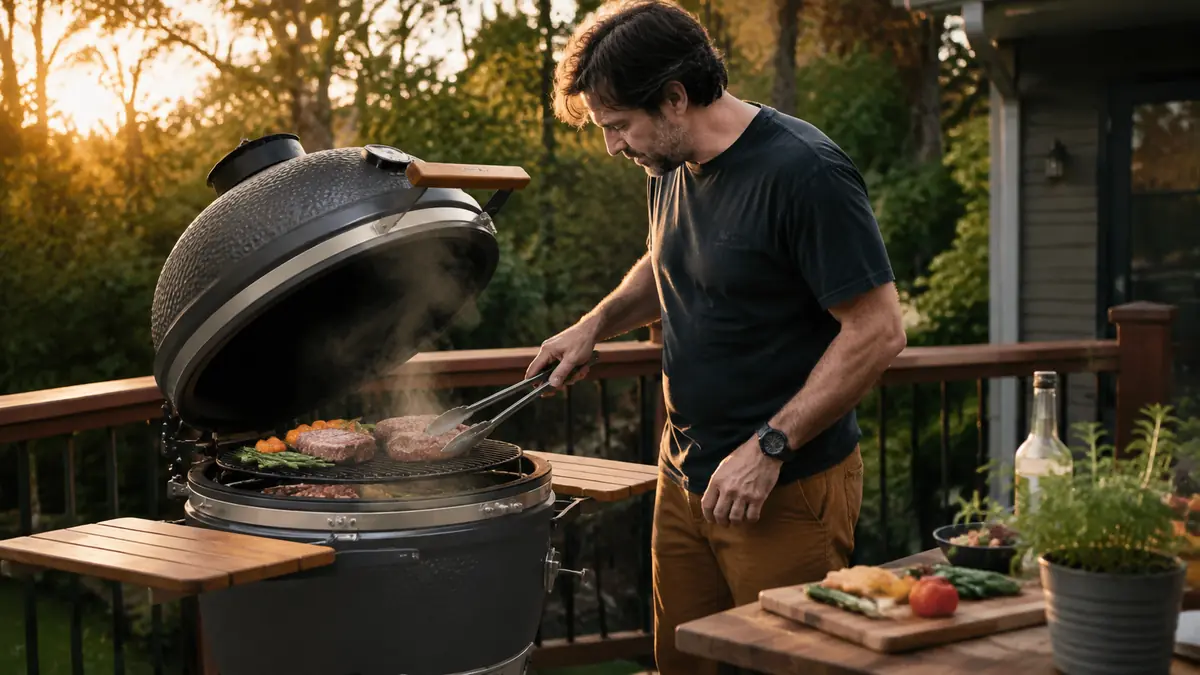 A graphite kamado grill venting a thin curl of smoke on a wooden backyard deck in early evening light