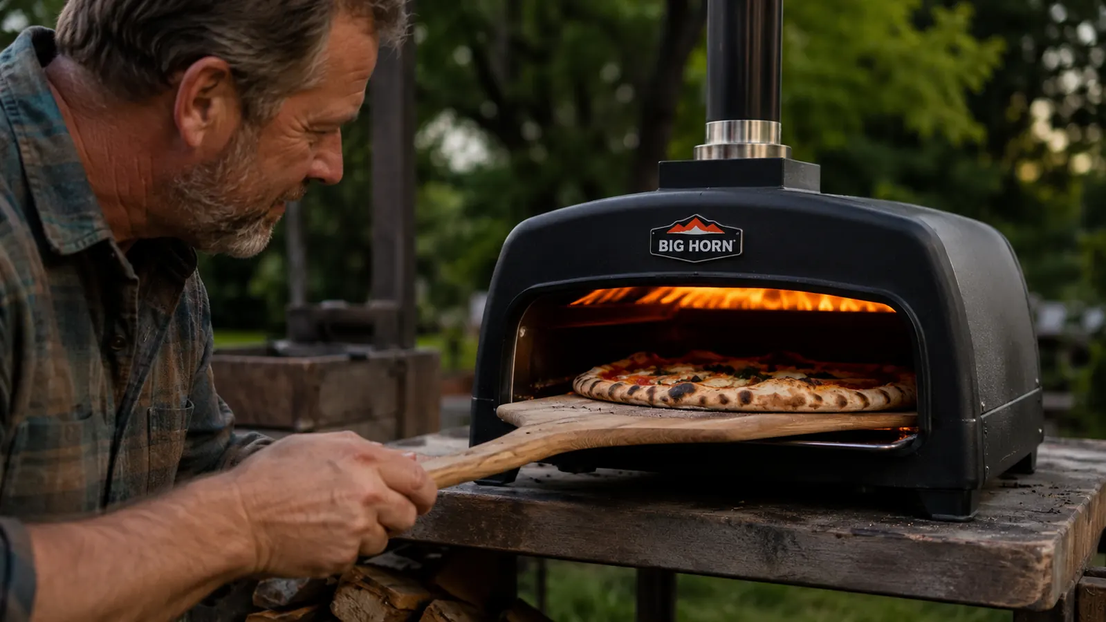 Hand using a wooden peel to rotate a pizza inside the BIG HORN oven while flame licks the dome roof