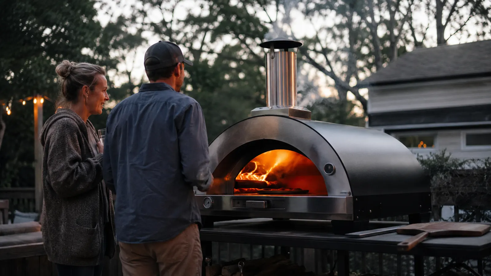 A BIG HORN pizza oven glowing with flame on a wooden back deck at dusk, surrounded by a small gathering