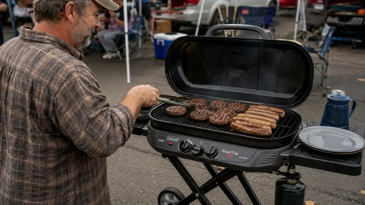 A hand flipping burgers on the grates of the Coleman RoadTrip 285 in a parking lot setting