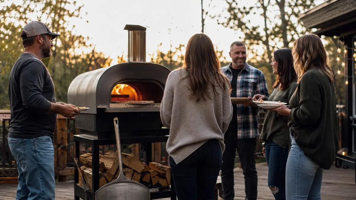 Warm evening light on a Pennsylvania back deck as a small BIG HORN pizza oven vents smoke while a crowd gathers nearby