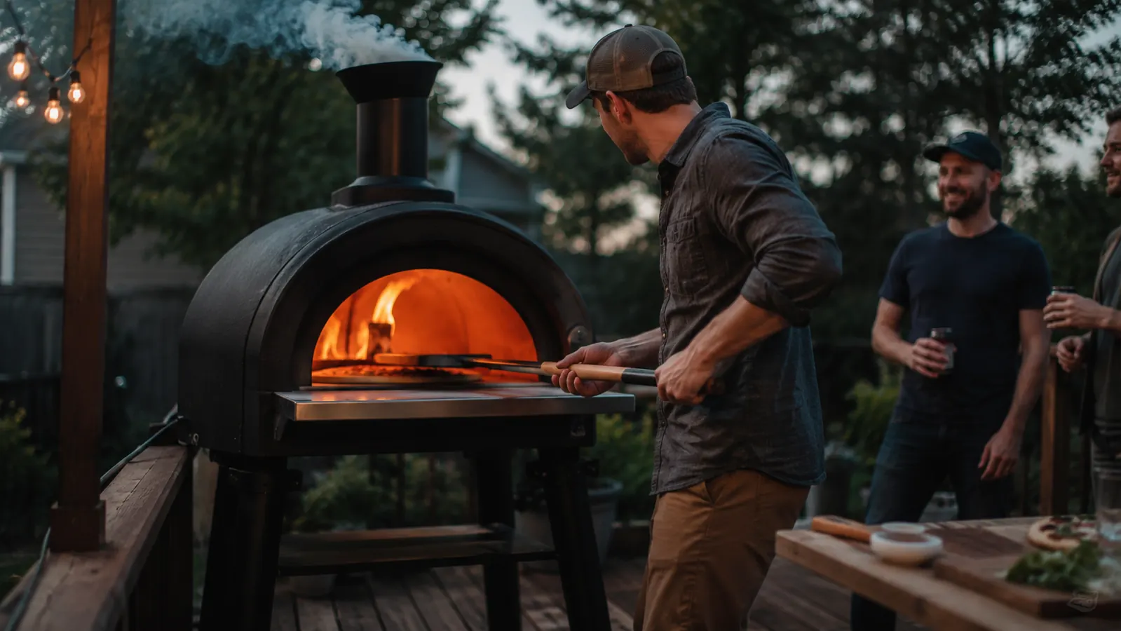 A BIG HORN pizza oven venting heat on a wooden deck railing at dusk, flame visible through the front opening
