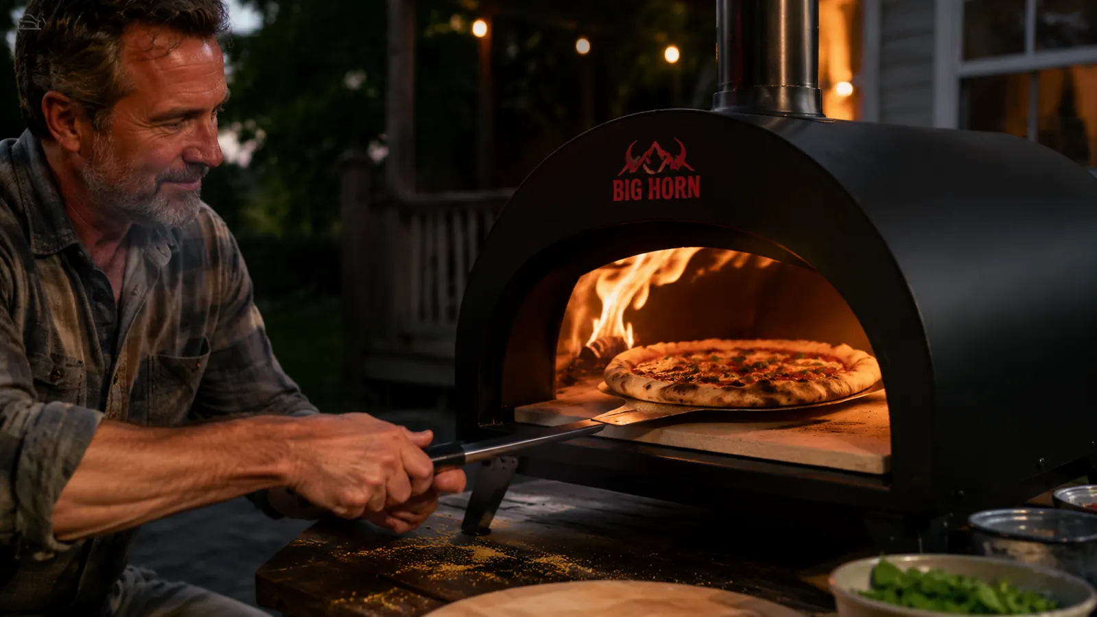 Hand using a small metal peel to rotate a pizza inside the BIG HORN oven, stone floor visible with flame licking the dome roof