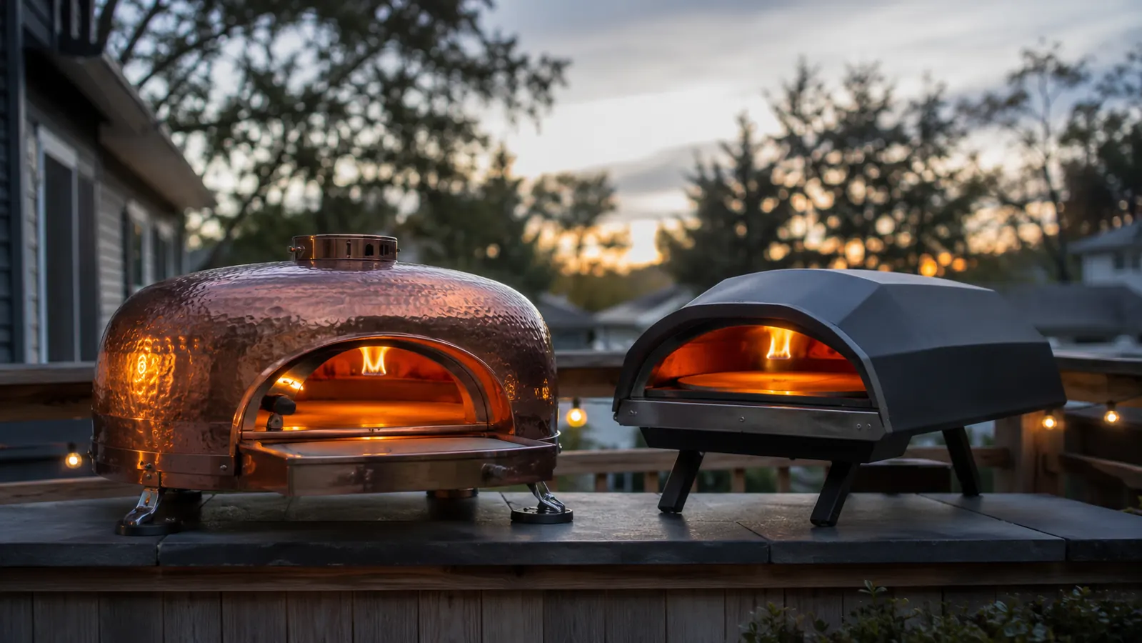 The BIG HORN pizza oven and an Ooni Koda set up side by side on a wooden deck at dusk, both venting warm light through their front openings
