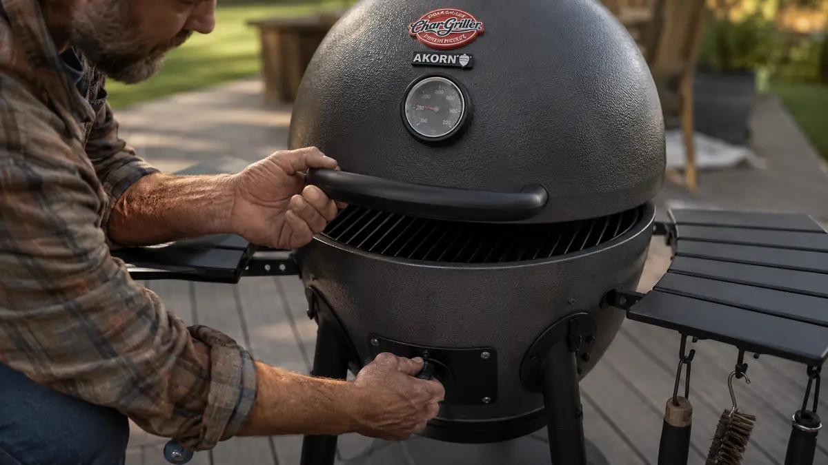 A hand adjusting the bottom vent on the Char-Griller AKORN while checking the dome thermometer