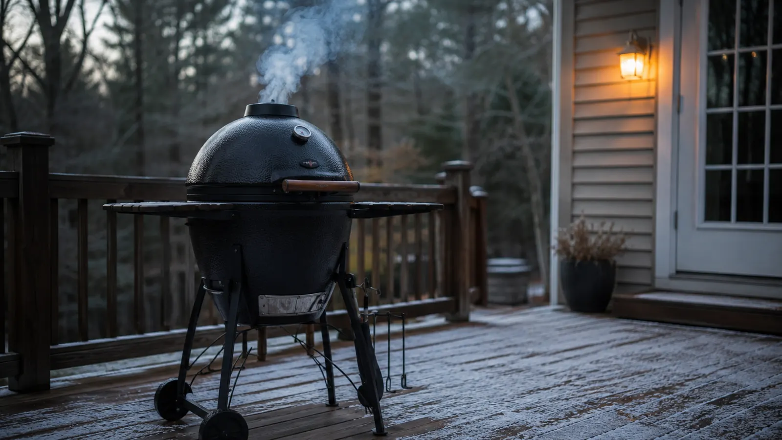 A graphite Char-Griller AKORN kamado grill sitting on a snow-dusted back deck at dusk, smoke curling from the top vent
