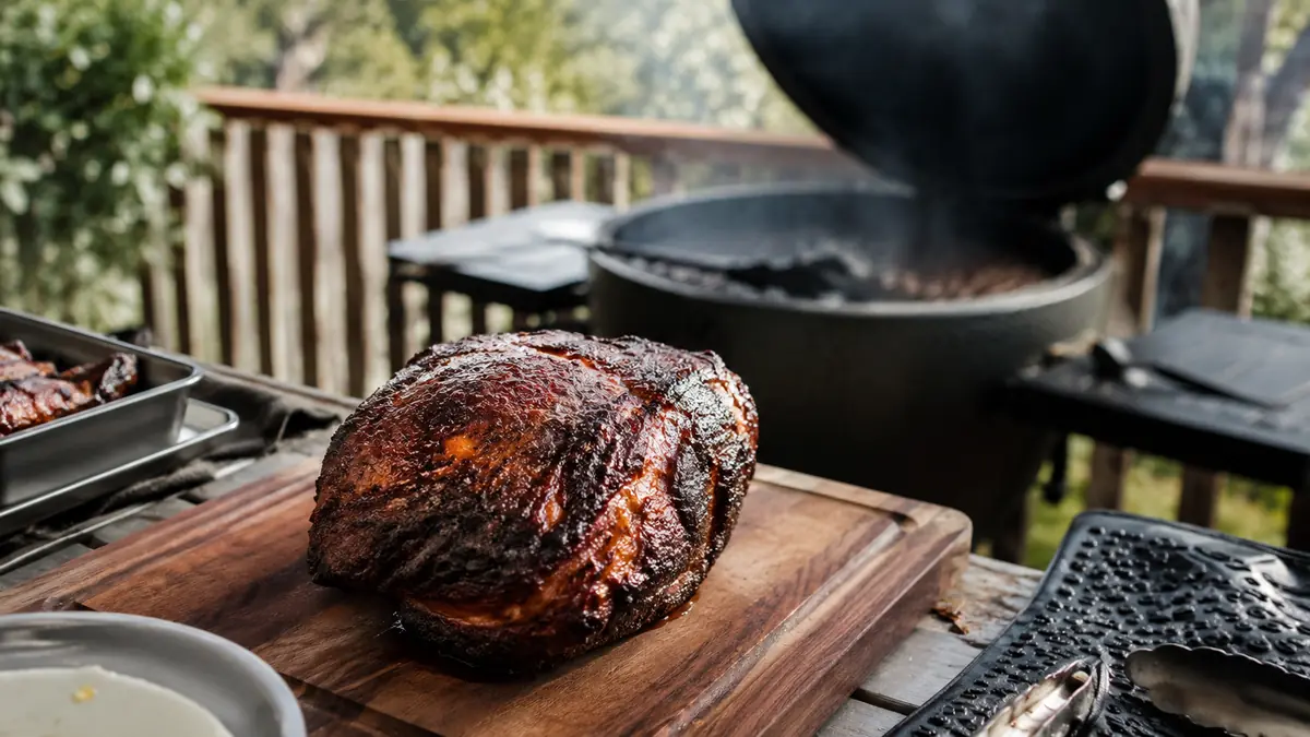 Pulled pork resting on a cutting board next to the open Char-Griller AKORN after a long overnight cook