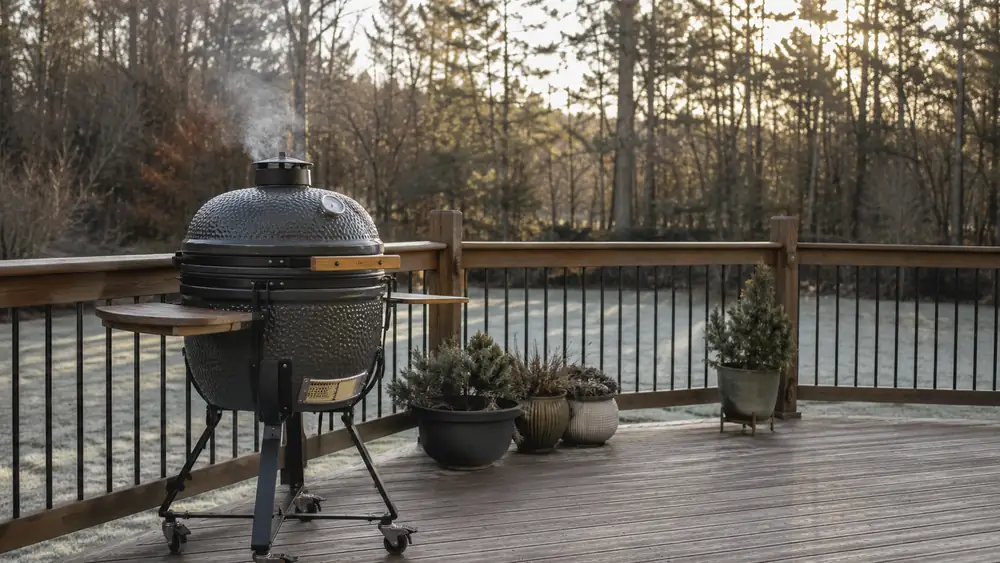 Char-Griller AKORN kamado grill on a wooden back deck with early morning light and light smoke rising from the vents