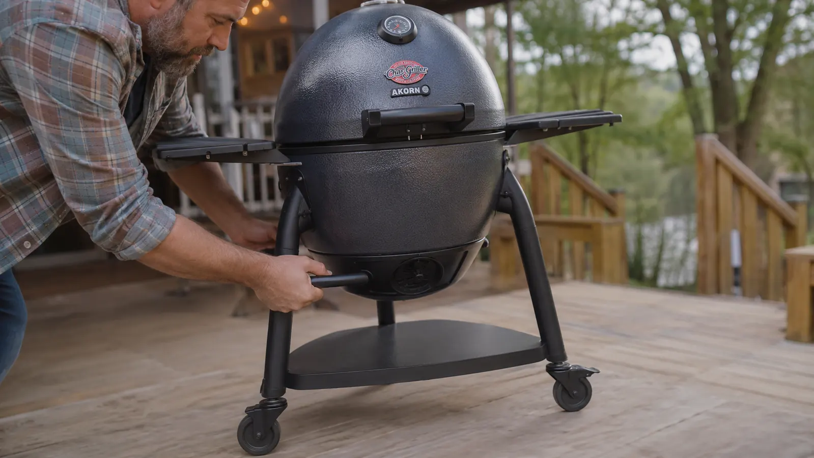 Hand rolling the Char-Griller AKORN on its caster wheels across a wooden deck