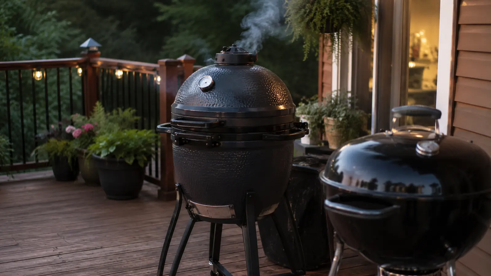 A Char-Griller AKORN kamado grill on a wooden back deck with smoke curling from the top vent at dusk