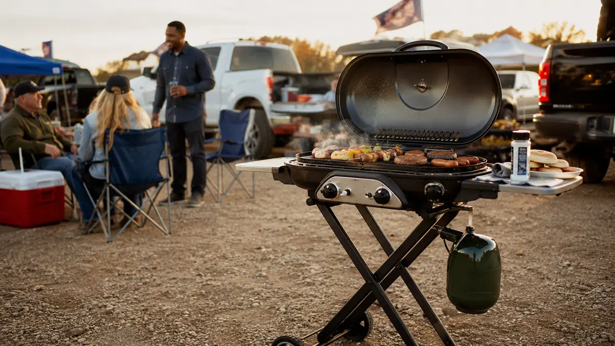 A Coleman RoadTrip 285 propane grill set up in a gravel parking lot with a folding table and lawn chairs nearby