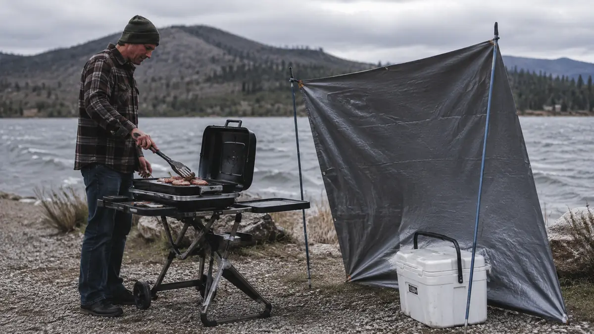A Coleman RoadTrip 285 grill tilted against a stiff crosswind at a gravel boat launch, a folded tarp weighted down beside it as a makeshift wind block