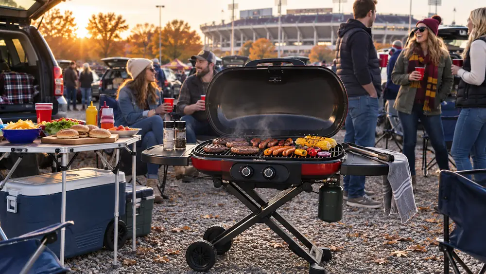 Coleman RoadTrip 285 propane grill set up with legs extended in a stadium parking lot at dawn, tailgate tents in the background