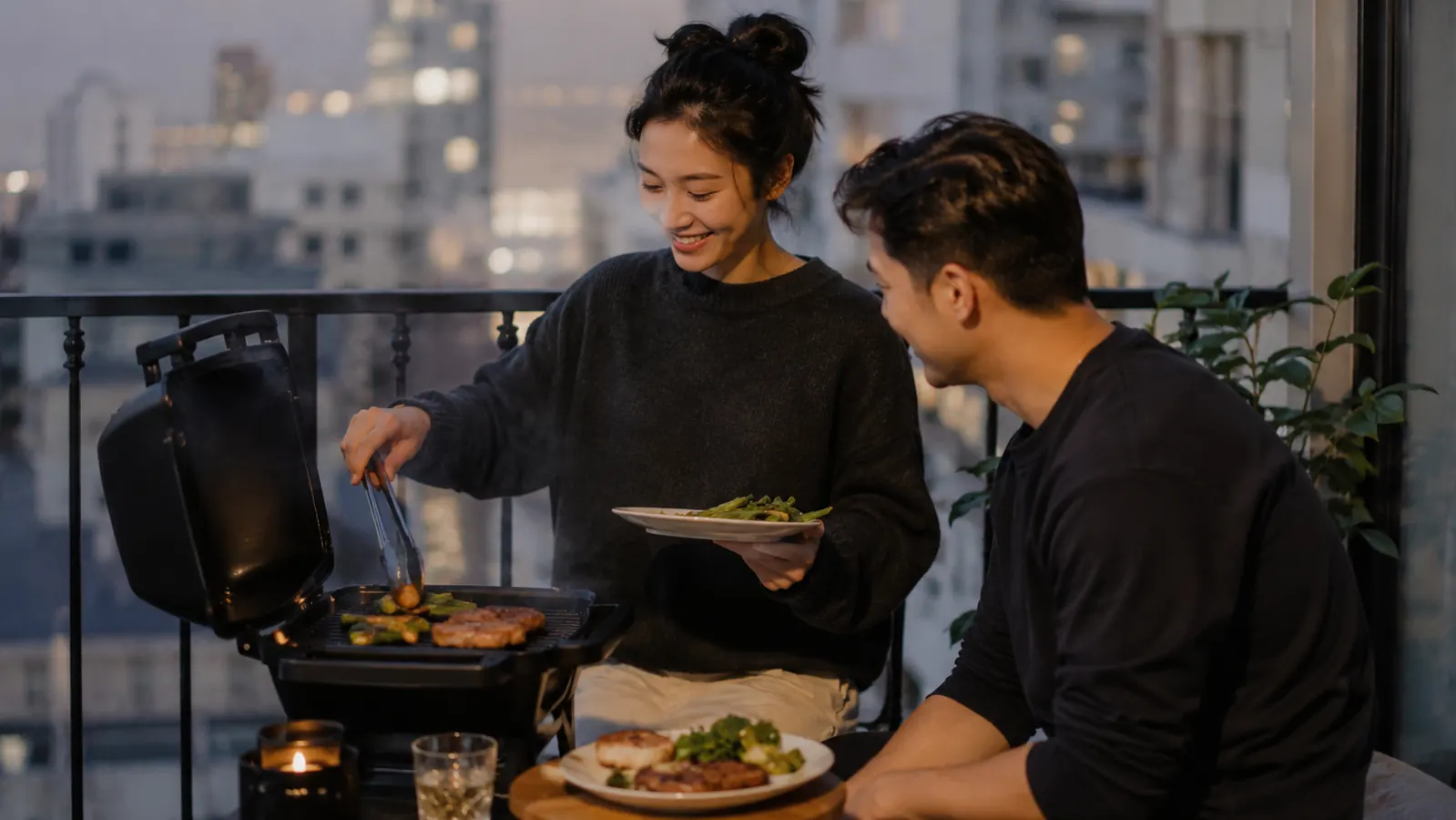 A small two-person patio grill set up on a compact apartment balcony next to a folding chair