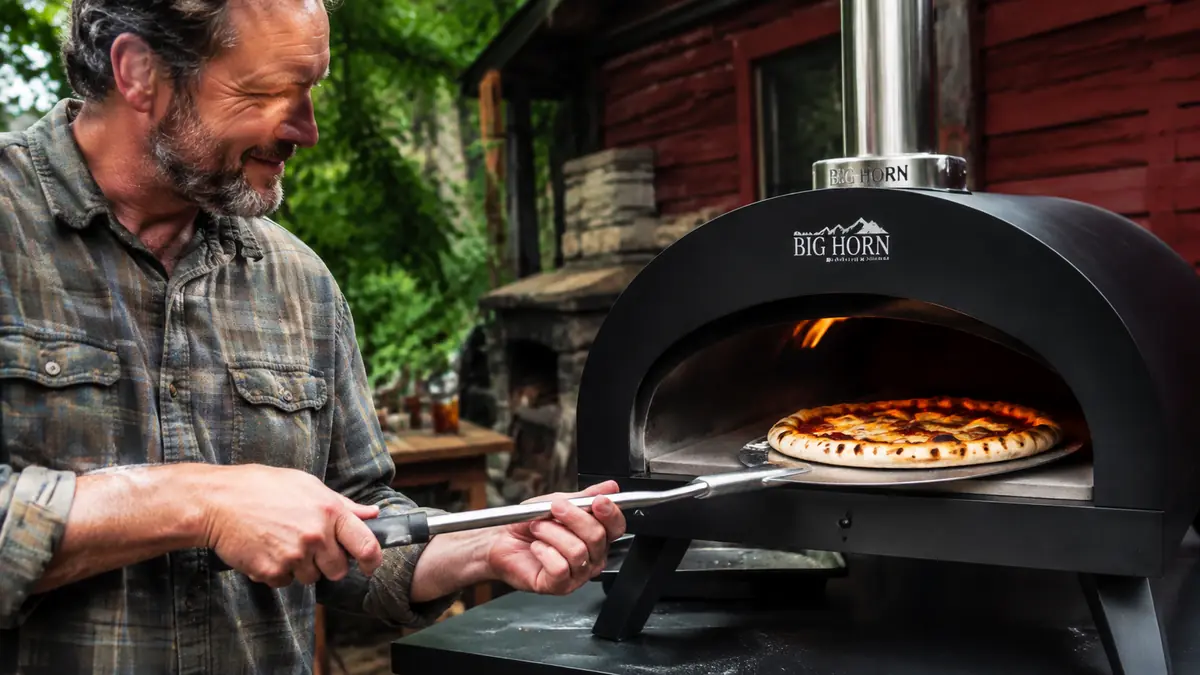 A metal turning peel rotating a partially cooked pizza inside a BIG HORN pizza oven, cornicione lightly charred