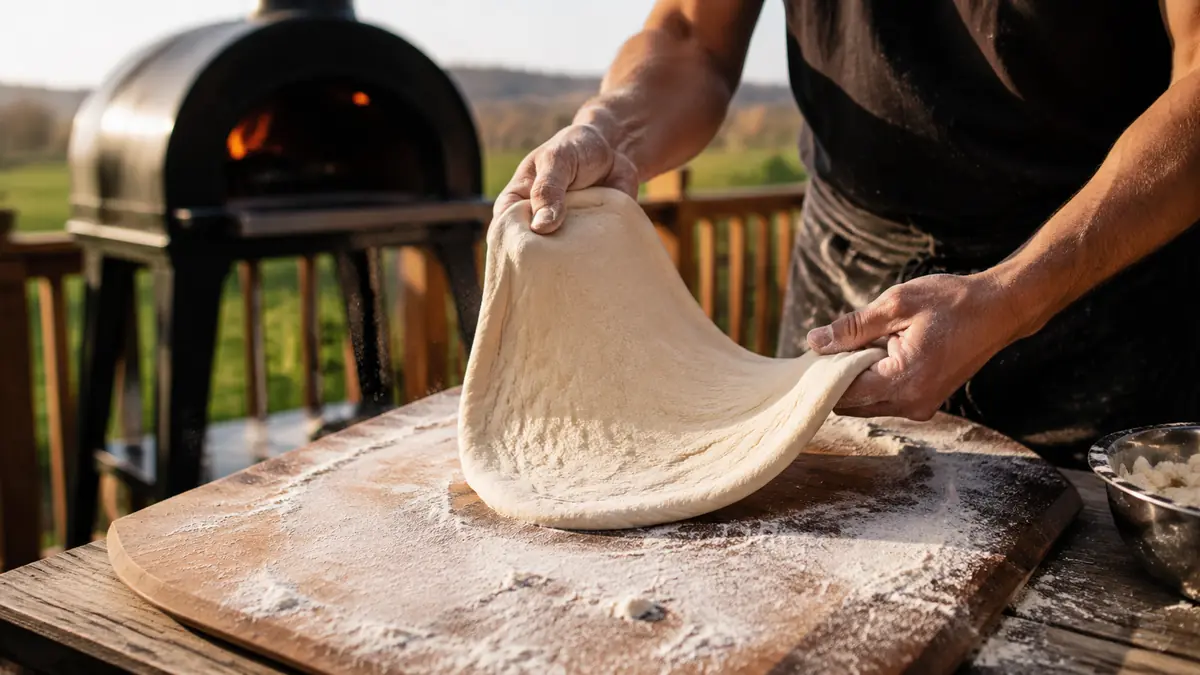 A hand stretching a round of pizza dough on a floured wooden board next to a lit BIG HORN pizza oven on a backyard deck