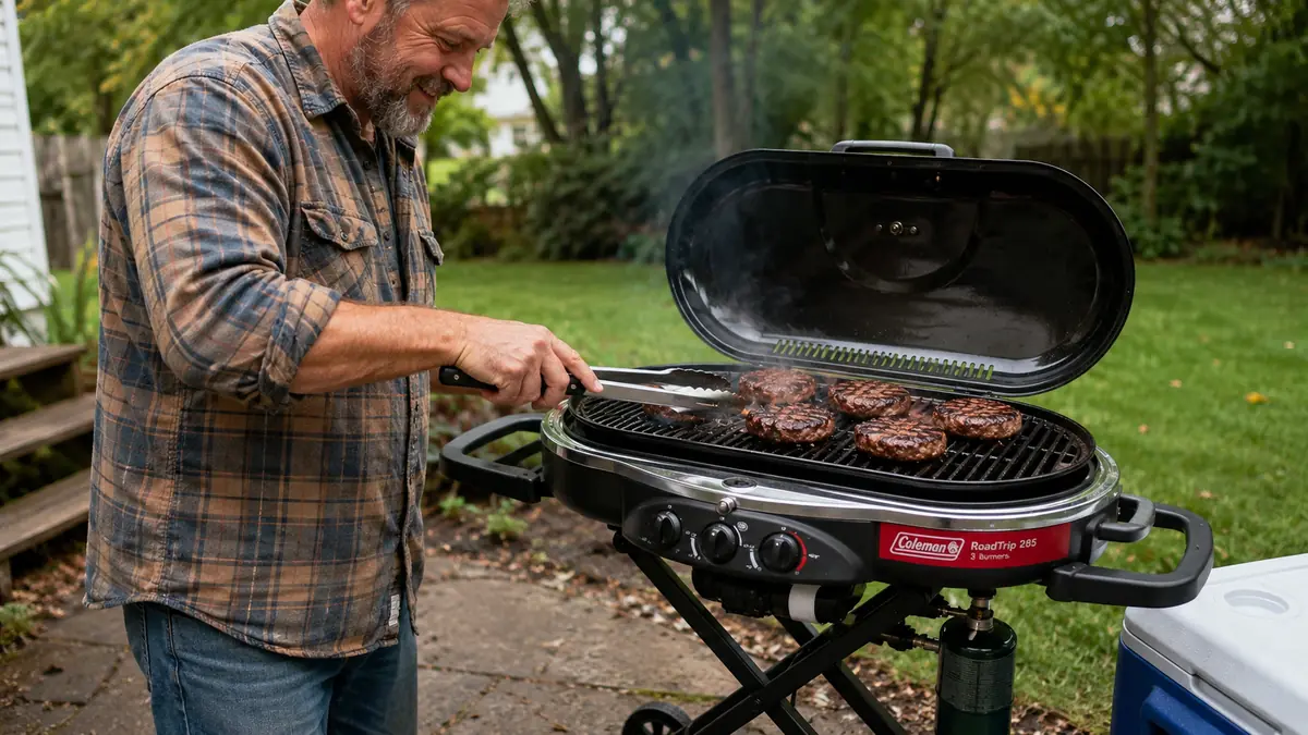 A hand flipping burgers with tongs on the grate of a portable propane grill in a parking lot