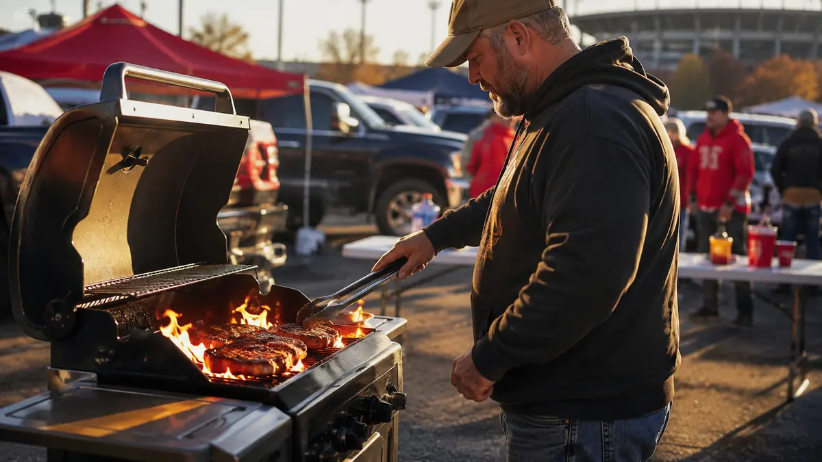 A Coleman RoadTrip propane grill set up in a stadium parking lot at golden hour with trucks and folding chairs around it