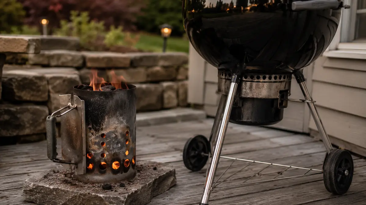 A chimney starter full of glowing charcoal briquettes on a backyard deck at dusk, flames visible through the bottom vents