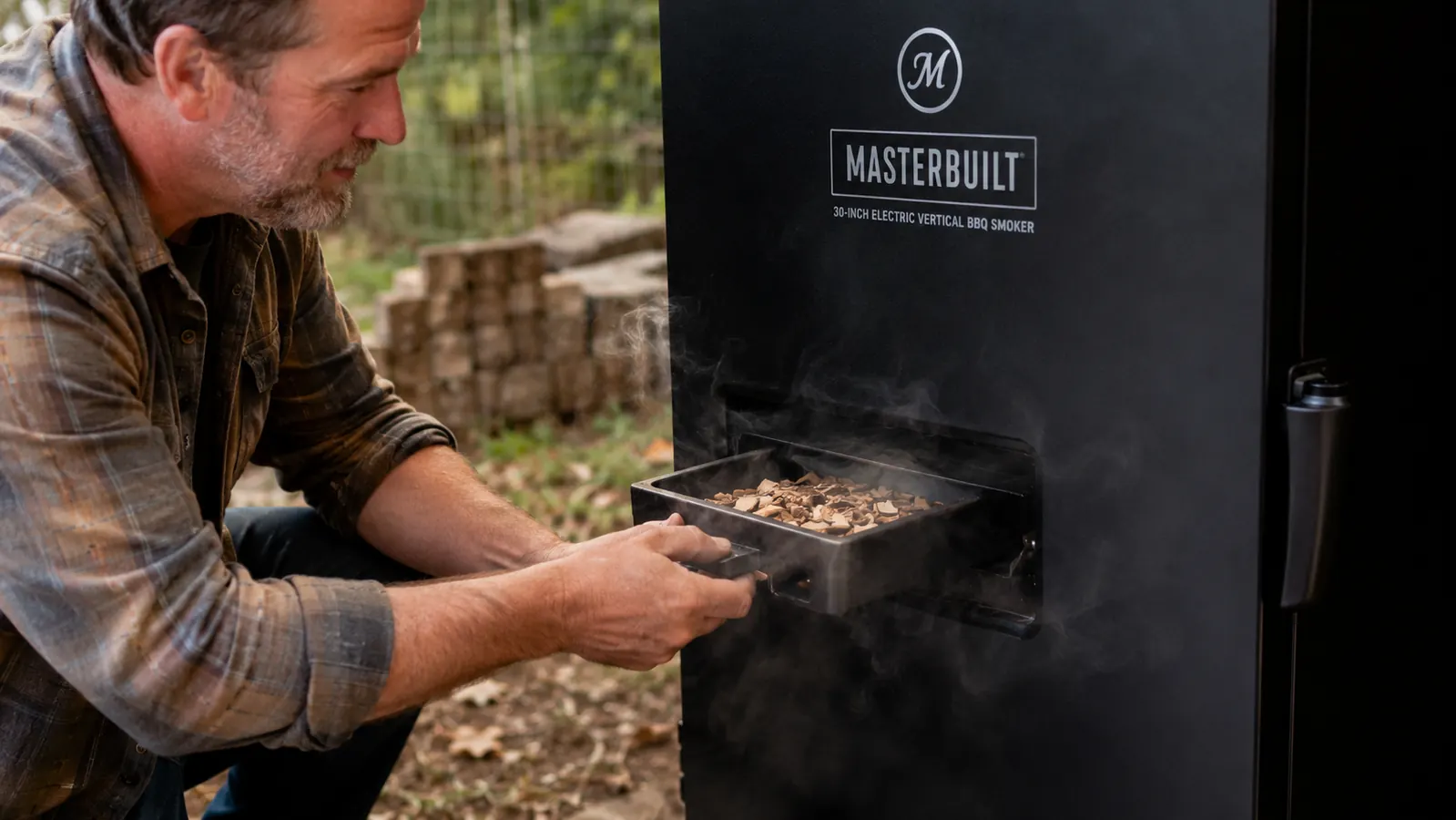 A hand sliding a small tray of wood chips into the side-loading chip tray of the electric smoker