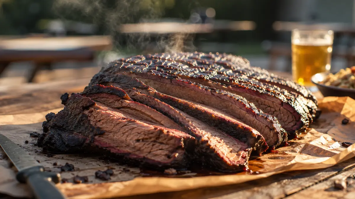 A sliced brisket with dark bark and a visible smoke ring resting on butcher paper on an outdoor table