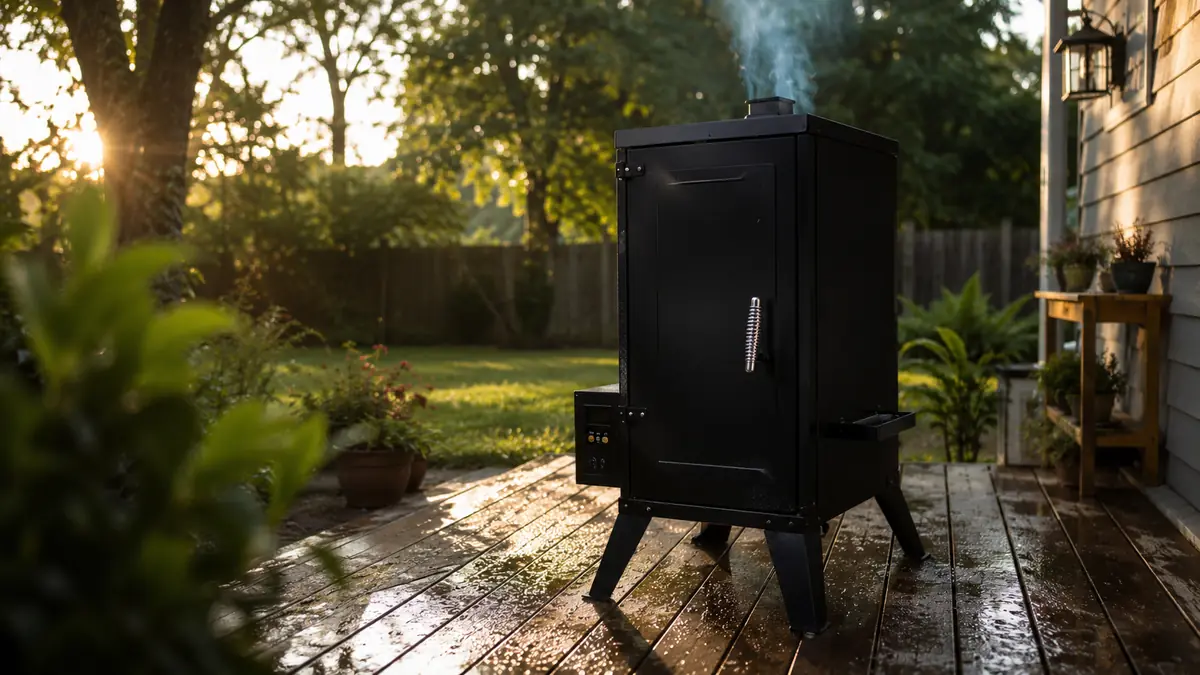 A Masterbuilt electric vertical smoker venting a thin stream of smoke on a backyard deck in early morning light
