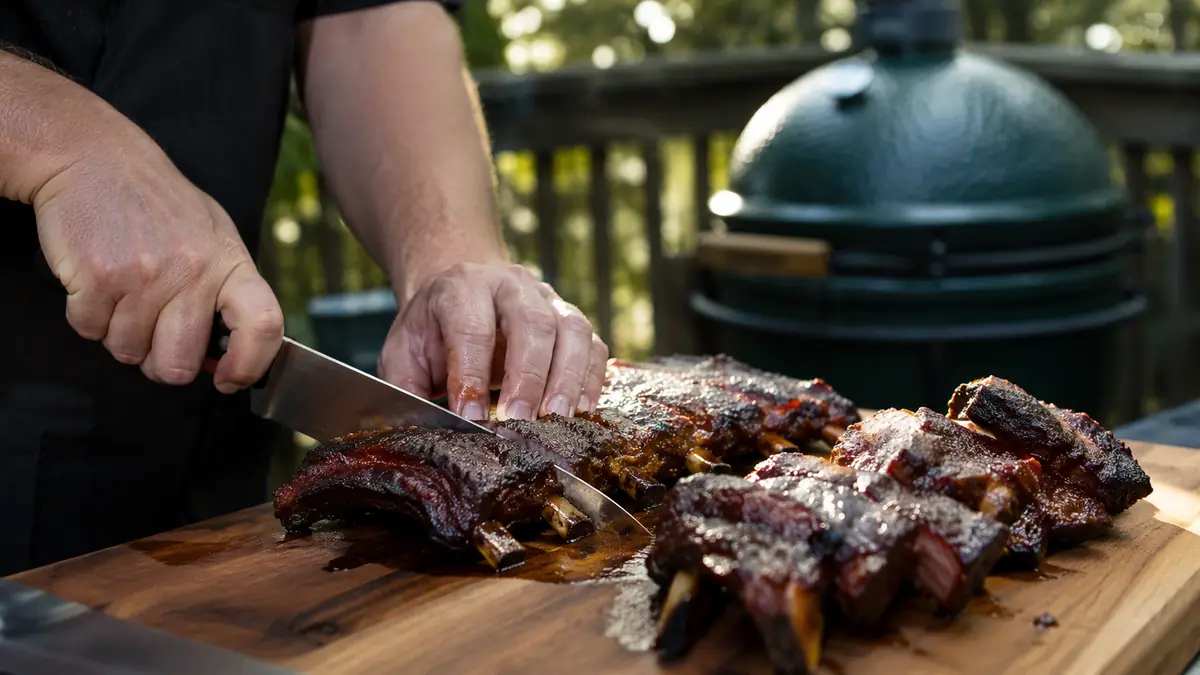 Finished glazed ribs being cut into individual bones on a wooden cutting board next to a kamado grill