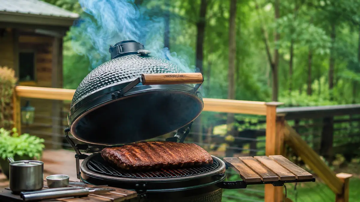 A rack of pork ribs smoking on a kamado grill with thin blue smoke curling from the top vent on a wooden deck