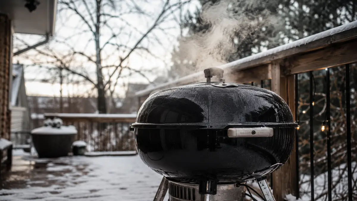 A 22-inch charcoal kettle grill dusted with light snow on a deck in winter, smoke rising from the lid vent