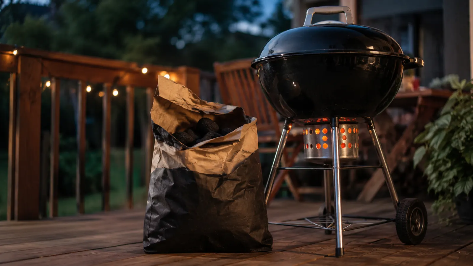 A bag of Kingsford charcoal briquettes next to a glowing 22-inch charcoal kettle on a wooden deck at dusk