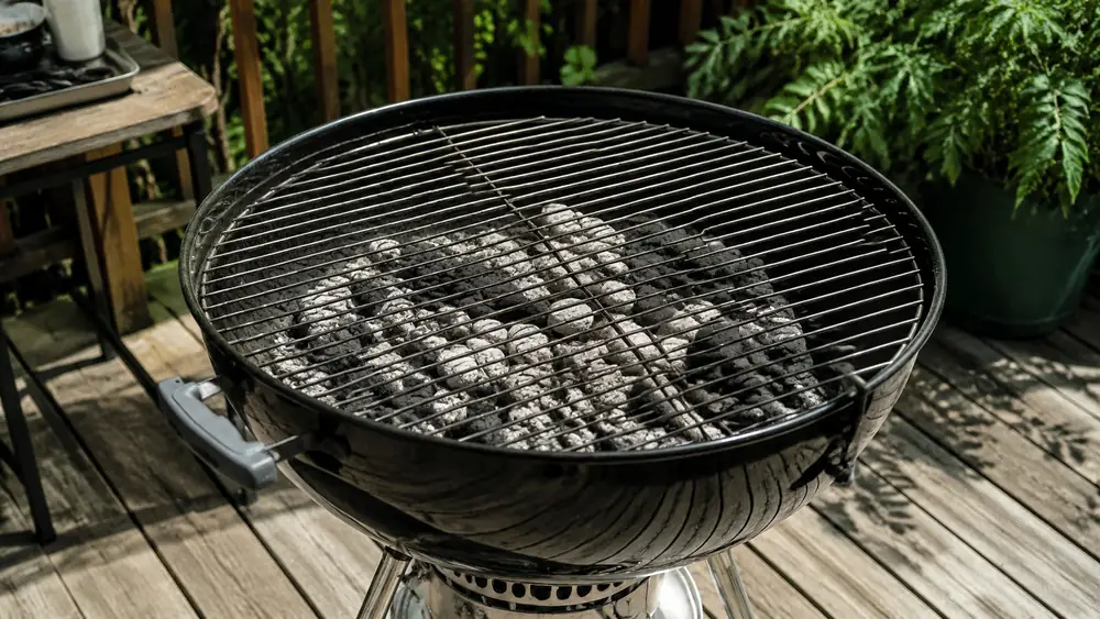 A kettle grill on a wooden back deck at midday with an uneven bed of coals, some fully ashed white and some still dark
