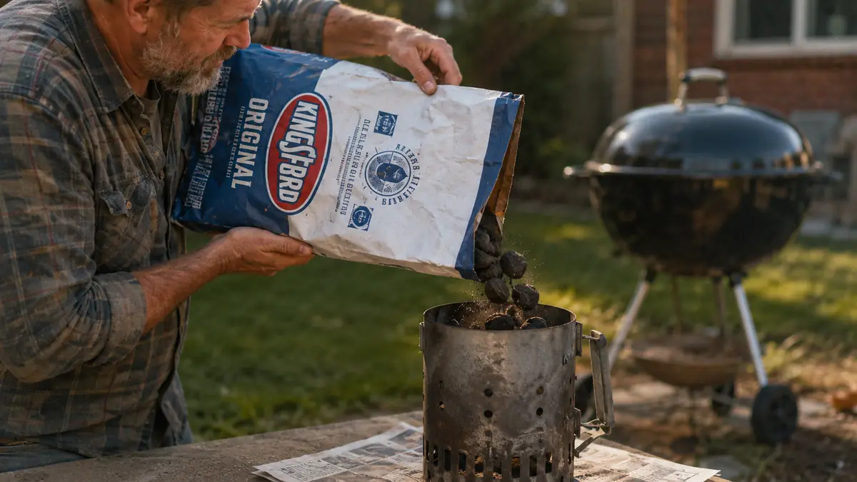 A hand pouring charcoal briquettes from an open bag into a metal chimney starter set on a concrete pad