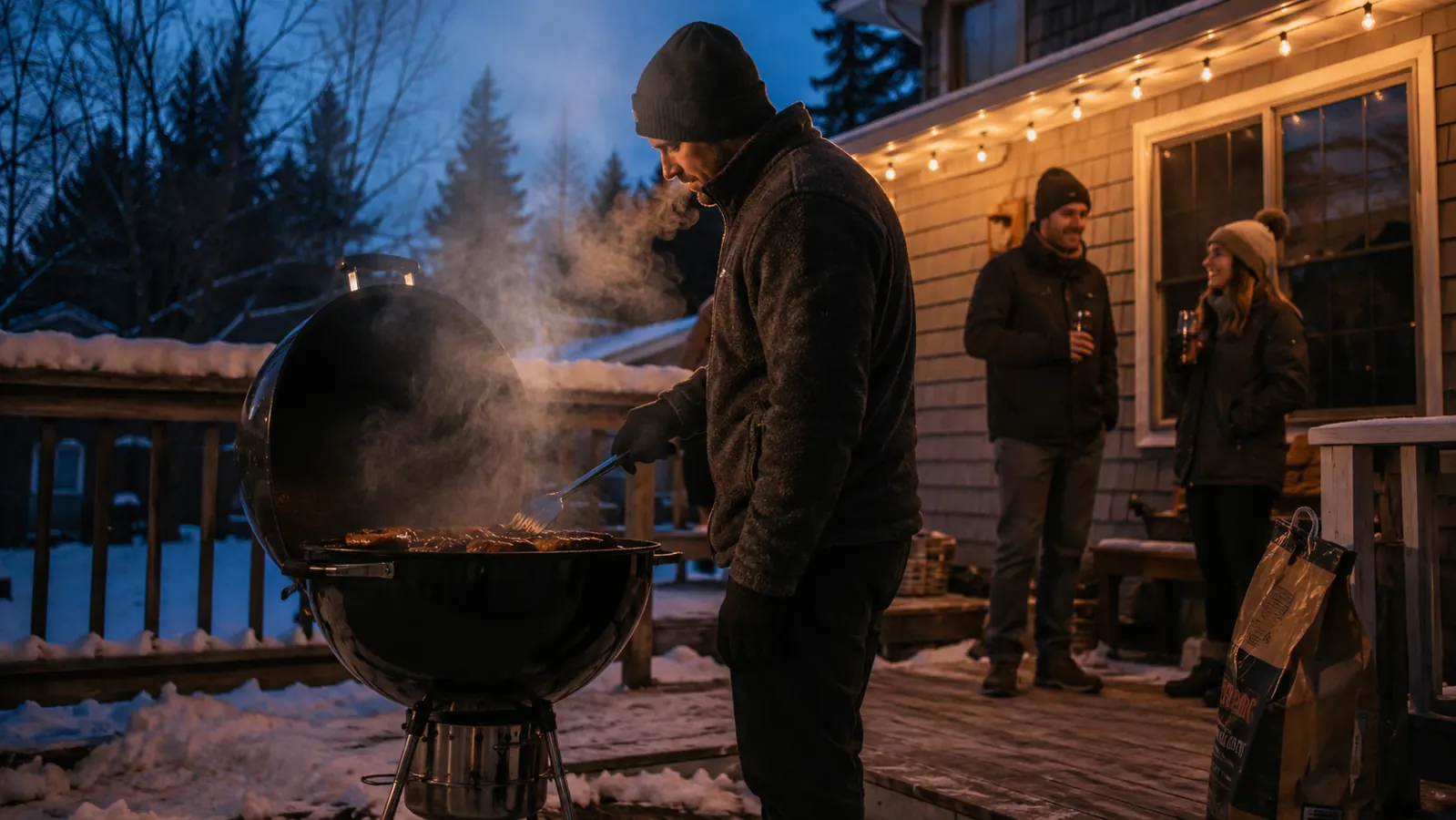 A 22-inch charcoal kettle grill glowing on a snow-dusted Pennsylvania back deck at dusk, a bag of Kingsford briquettes leaning against the deck rail