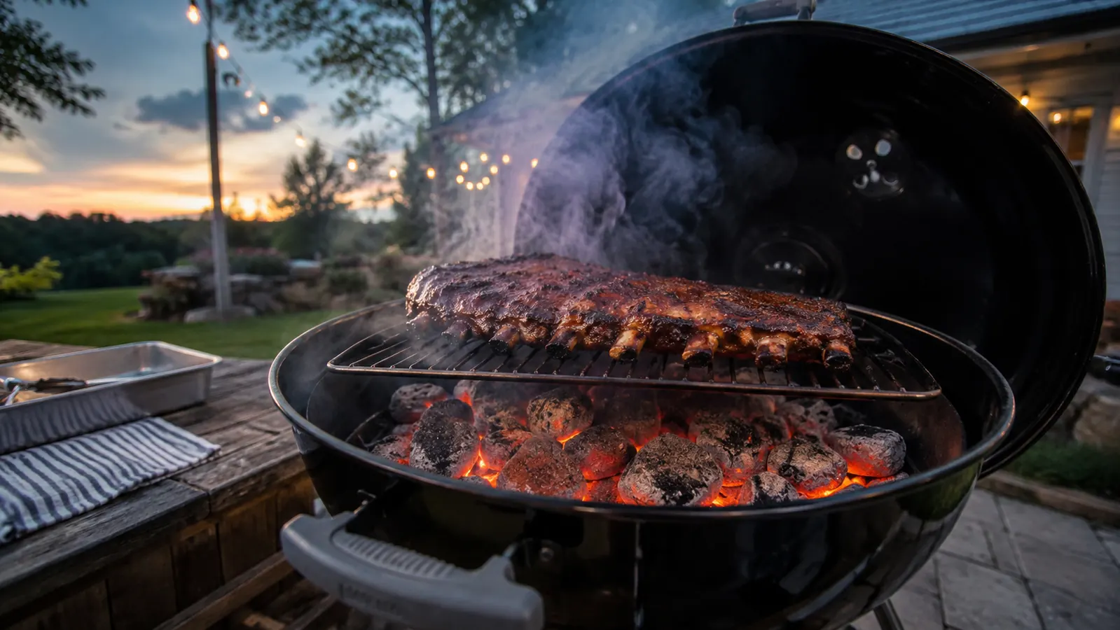 A kettle grill full of glowing charcoal briquettes with a rack of ribs cooking on a back deck at dusk