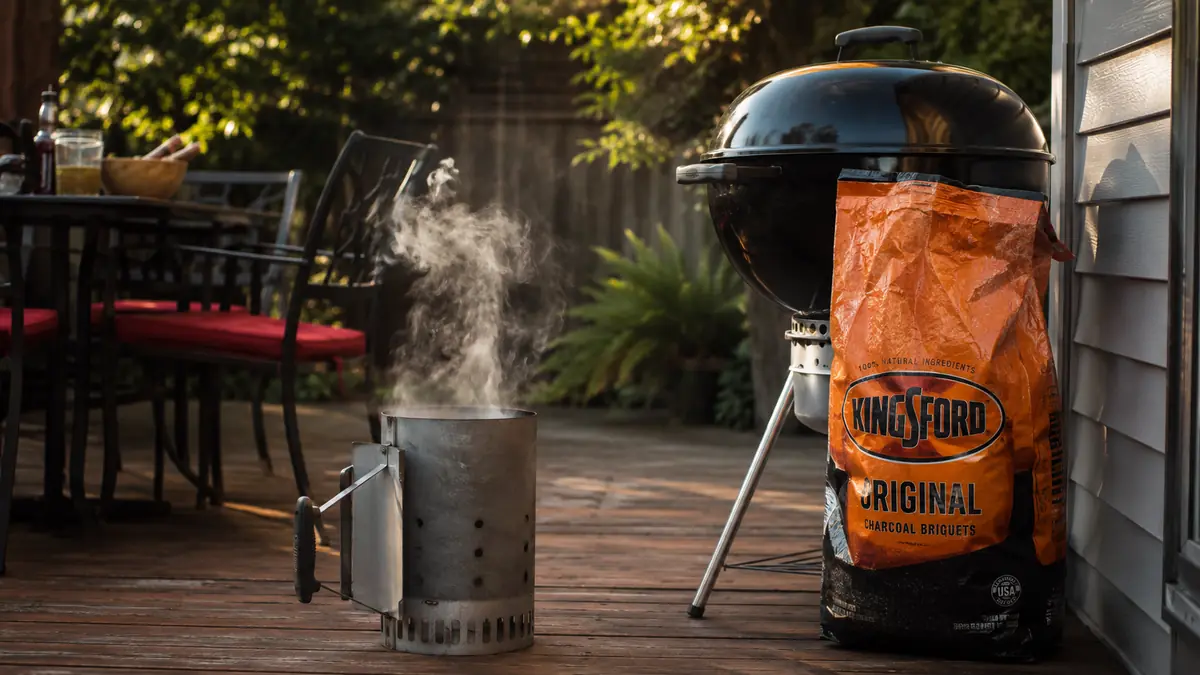 An orange bag of Kingsford Original charcoal briquettes leaning against a 22-inch kettle grill on a wooden back deck at golden hour