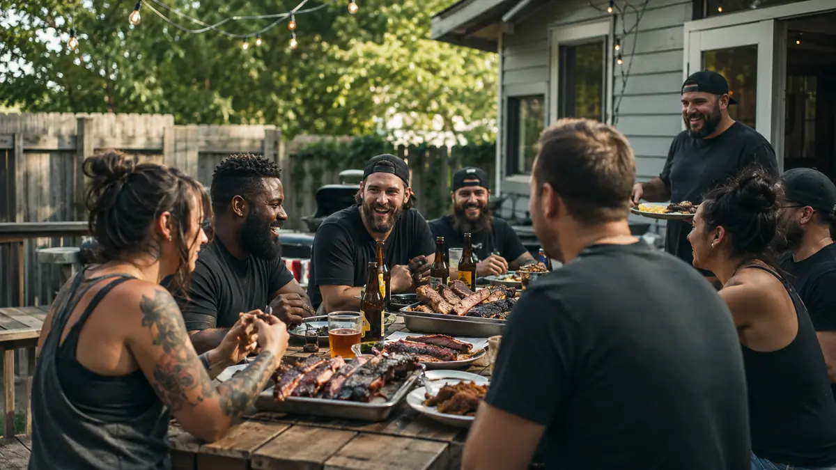 Six to eight people gathered around a picnic table on a back deck eating smoked ribs and brisket