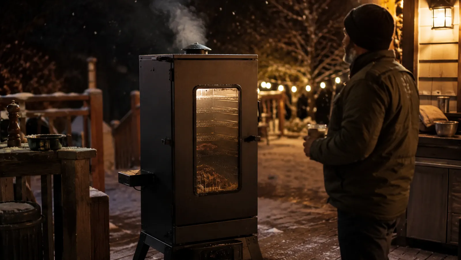 A Masterbuilt electric vertical smoker glowing faintly at the vents on a snowy Pennsylvania deck at night