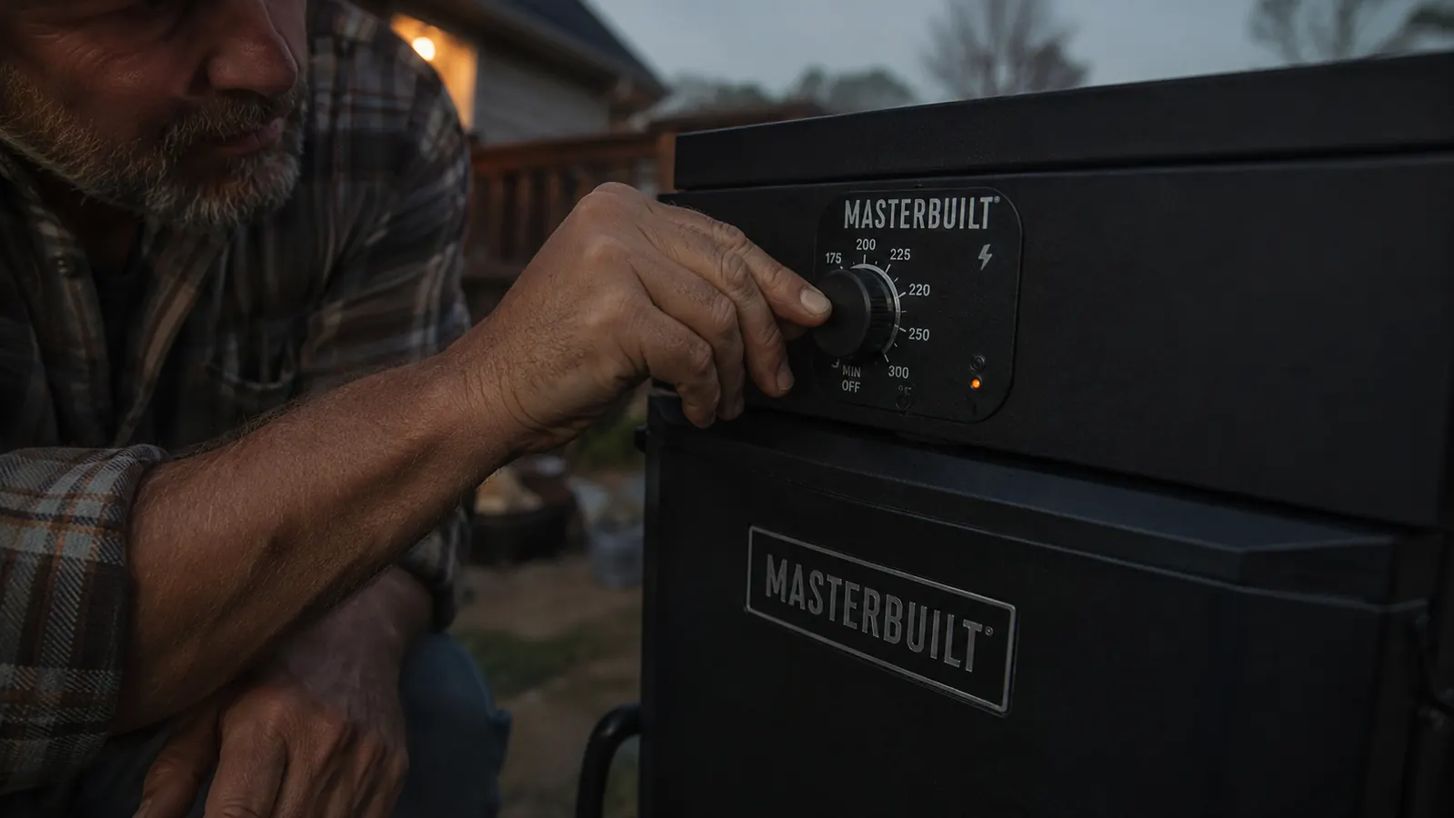 Hand adjusting the analog temperature dial on the Masterbuilt smoker in dim evening light