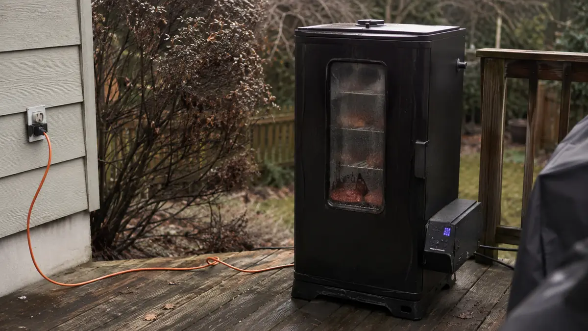 Masterbuilt electric smoker on a rain-damp deck under an overcast sky with an extension cord running to an outdoor outlet