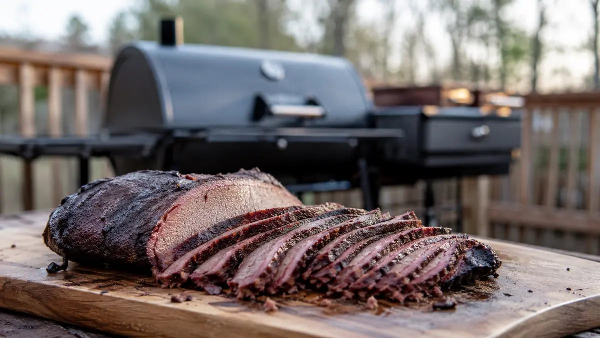 Sliced smoked brisket on a wood cutting board with the smoker visible in the background
