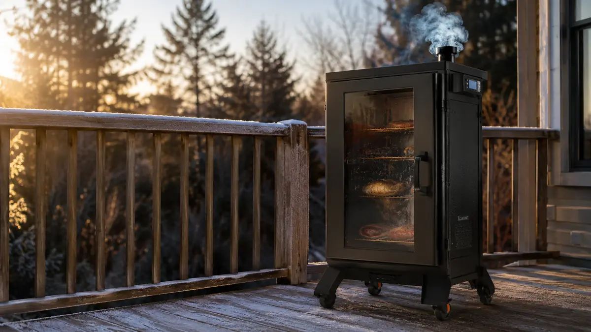 Masterbuilt electric smoker on a wood deck in early morning light with smoke rising from the top vent
