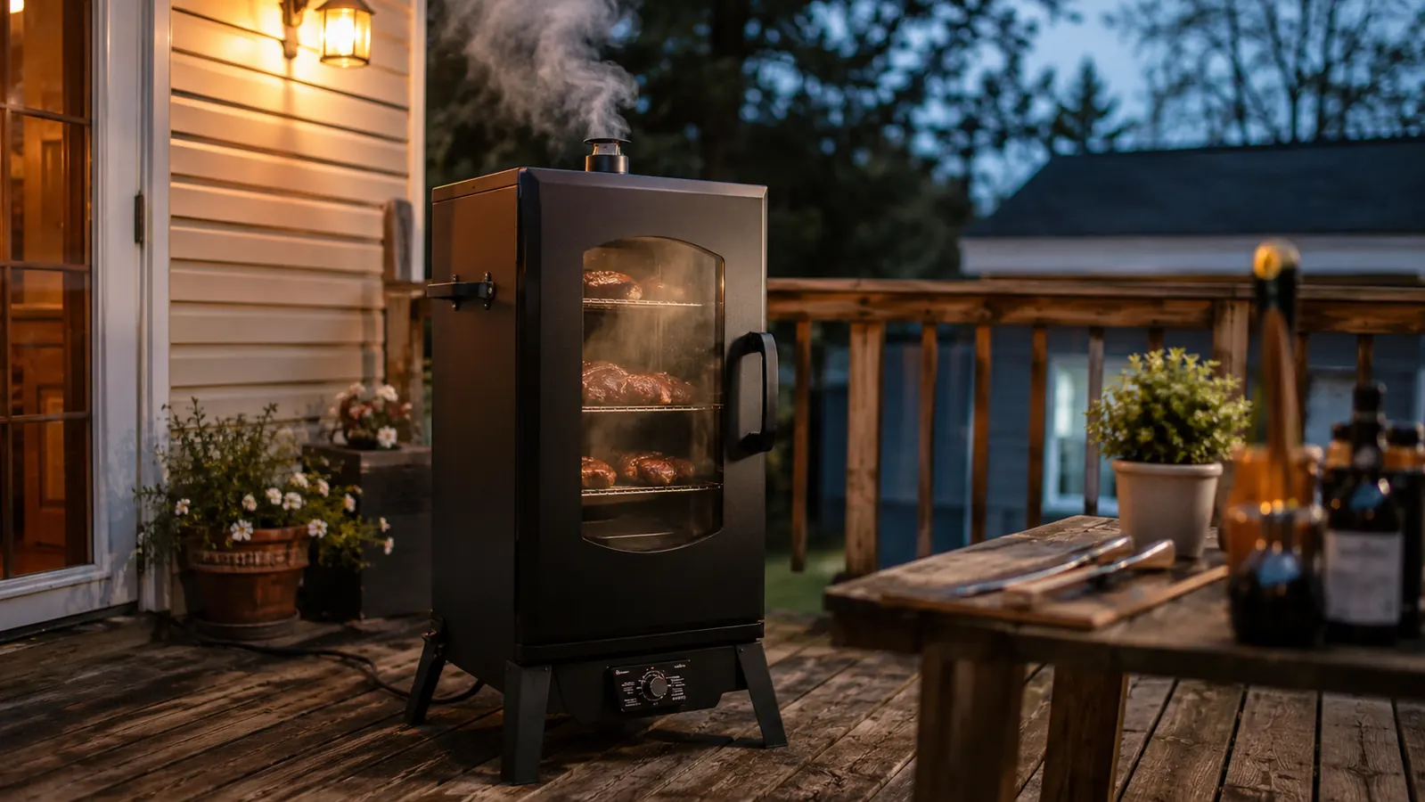 Masterbuilt electric vertical smoker on a wooden deck at dusk with a thin ribbon of smoke rising from the top vent